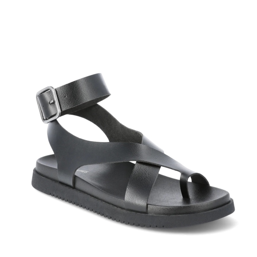No Boundaries Women's X-Strap Toe Loop Faux Leather Black Sandals NWT